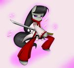  black_hair clothed clothing cyanaeolin equine female feral friendship_is_magic frown fur grey_fur hair hi_res horse japanese_clothing katana long_hair long_sleeves mammal my_little_pony octavia_(mlp) pony purple_eyes solo standing sword weapon 