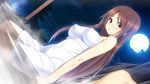  1girl bare_shoulders blush breasts brown_hair covered_nipples erect_nipples game_cg highres legs long_hair looking_at_viewer ma-ko_hunter ma?ko_hunter maâ˜†ko_hunter medium_breasts moon munashi_mujou night nude onsen sitting sky star stars steam thighs towel water yellow_eyes 