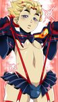  blonde_hair bulge cosplay crossdressing crossover hirose_kouichi jojo_no_kimyou_na_bouken kill_la_kill male_focus matoi_ryuuko matoi_ryuuko_(cosplay) md5_mismatch midriff multicolored_hair parody purple_eyes red_hair senketsu shimotsuki_kitsune solo suspenders suspenders_pull two-tone_hair 