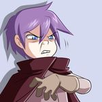  1boy blue_background blue_eyes cape disgust disgusted gloves luka_(mon-musu_quest!) male male_focus mon-musu_quest! purple_hair simple_background sneer solo 