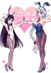  animal_ears armpits black_hair blush bow bowtie braid breasts bunny_ears bunnysuit cleavage detached_collar embarrassed fake_animal_ears heart high_heels houraisan_kaguya large_breasts multiple_girls necktie pantyhose small_breasts tama_(moonriders) touhou white_hair wrist_cuffs yagokoro_eirin 