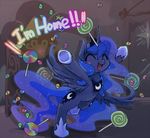  blue_fur blue_hair candy cutie_mark dialog english_text equine eyes_closed female feral food friendship_is_magic fur hair happy horn horse inside kolshica long_hair mammal my_little_pony pony princess_luna_(mlp) smile solo text winged_unicorn wings 