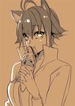  :t animal_ears antenna_hair blazblue food high_collar hyakuhachi_(over3) ice_cream ice_cream_cone makoto_nanaya monochrome short_hair sketch solo squirrel_ears 