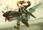  asterisk_kome boots flying gloves grin headphones jacket leather leather_jacket mecha_musume necktie original p-40_warhawk parachute ponytail red_hair short_hair smile solo wings 