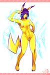  anthro anthrofied blue_eyes breasts claws electricity female hair hindpaw lips looking_at_viewer nintendo nipples nude open_mouth paws pikachu pok&#233;mon pok&#233;morph pok&eacute;mon pok&eacute;morph purple_hair pussy short_hair small_breasts solo standing turtlechan video_games yellow_skin 