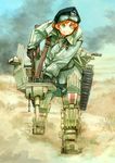  asterisk_kome beret british crusader_(tank)_(personification) desert gloves green_eyes hat mecha_musume military original red_hair running short_hair solo teeth world_war_ii 