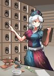  bad_id bad_pixiv_id blue_eyes breasts clipboard flower hat highres hijiwryyyyy large_breasts lily_of_the_valley long_hair mortar nurse_cap paper pestle silver_hair solo touhou very_long_hair yagokoro_eirin 