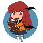  alternate_costume bat_wings blush book commentary cosplay demon_girl head_wings kneehighs koakuma long_hair onikobe_rin orange_shirt red_eyes red_hair scooby-doo shirt skirt smile socks solo touhou turtleneck velma_dace_dinkley velma_dace_dinkley_(cosplay) wings younger 