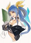  blue_hair breasts choker cleavage detached_sleeves dizzy guilty_gear hair_ribbon hair_rings hyakuhachi_(over3) large_breasts long_hair navel red_eyes ribbon solo traditional_media upper_body watercolor_(medium) 