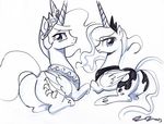  crown cutie_mark duo equine female feral friendship_is_magic hair horn horse john_joseco long_hair looking_at_viewer looking_back lying mammal monochrome my_little_pony pony princess_celestia_(mlp) princess_luna_(mlp) smile tiara winged_unicorn wings 