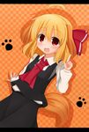  absurdres ahoge animal_ears ascot blonde_hair blouse checkered checkered_background dog_ears dog_tail fang highres kemonomimi_mode maguro-dama open_mouth orange_background paw_print red_eyes rumia short_hair smile tail touhou vest 