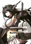  armpits belt black_hair black_legwear cannon foreshortening gloves hair_ornament kantai_collection kuronuko_neero long_hair midriff nagato_(kantai_collection) navel red_eyes skirt solo thighhighs vambraces white_background 