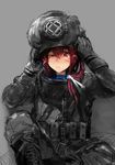  ascot blush boots custom_(cus-tom) diving_helmet diving_suit hair_ornament helmet i-168_(kantai_collection) kantai_collection load_bearing_vest one_eye_closed red_eyes red_hair ribbon side_ponytail sketch solo 