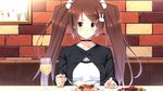  1girl blush breasts brown_eyes brown_hair choker cup dish drink eating food game_cg highres long_hair looking_at_viewer ma-ko_hunter ma?ko_hunter maâ˜†ko_hunter medium_breasts munashi_mujou sitting smile solo table twintails wall 