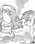  avian black_and_white cake cloud duo english_text equine female feral flower food friendship_is_magic frown gilda_(mlp) gryphon horse john_joseco mammal monochrome my_little_pony outside pegasus pony rainbow_dash_(mlp) text wings 