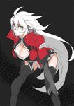  ahoge alpha-01 bent_over blazblue boots breasts cleavage cleavage_cutout downblouse elbow_gloves genderswap genderswap_(mtf) gloves green_eyes hand_on_thigh heterochromia high_collar hyakuhachi_(over3) jacket large_breasts leaning_forward long_hair ragna_the_bloodedge red_eyes red_jacket silver_hair skirt solo thigh_boots thighhighs very_long_hair 