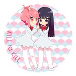  black_eyes black_hair bow copyright_name dress holding_hands jakuzure_nonon kill_la_kill kiryuuin_satsuki long_hair multiple_girls pantyhose pink_eyes pink_hair sako school_uniform short_hair smile younger 