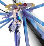  blazblue blonde_hair blue_eyes breasts crotch_plate ear_protection forehead_protector hyakuhachi_(over3) long_hair mecha_musume mechanical_wings mu-12 navel necktie outstretched_arm pauldrons revealing_clothes small_breasts solo underboob wings 