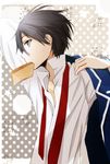  black_eyes black_hair dressing food food_in_mouth kirito late_for_school male_focus md5_mismatch mouth_hold necktie school_uniform sword_art_online toast toast_in_mouth tsukimori_usako 