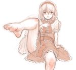  alice_margatroid bare_legs barefoot blush capelet dress embarrassed hairband hand_on_own_chest highres kuro_suto_sukii looking_away outstretched_foot outstretched_leg sash simple_background sitting sketch solo toe-point touhou white_background 