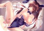  amane_ruri animal_ears bar_censor blush bow bowtie breasts brown_hair bunny_ears bunny_girl bunnysuit censored cum cum_on_body cum_on_breasts cum_on_upper_body detached_collar green_eyes large_breasts long_hair nipples open_mouth original penis sex simple_background solo_focus vaginal 