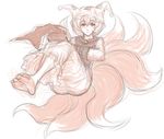  barefoot dress fox_tail full_body hands_in_opposite_sleeves hat highres kuro_suto_sukii kyuubi long_sleeves looking_at_viewer monochrome multiple_tails pillow_hat simple_background sitting sketch smile solo tabard tail touhou white_background yakumo_ran 