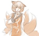  animal_ears dress finger_to_mouth fox_ears fox_tail highres kuro_suto_sukii kyuubi long_sleeves looking_at_viewer monochrome multiple_tails no_hat no_headwear shushing simple_background sketch smile solo tabard tail touhou white_background yakumo_ran 