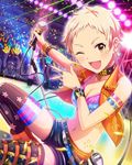  ;d artist_request audience blonde_hair bracelet faceless faceless_male glowstick idolmaster idolmaster_cinderella_girls jewelry microphone microphone_stand official_art one_eye_closed open_mouth pixie_cut senzaki_ema short_hair shorts smile solo_focus very_short_hair yellow_eyes 