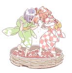  barrel bell brown_hair flower food fruit grape_stomping grapes hair_bell hair_flower hair_ornament hieda_no_akyuu japanese_clothes kimono long_sleeves mitsumoto_jouji motoori_kosuzu multiple_girls obi purple_hair sash simple_background stomping touhou twintails white_background wide_sleeves 