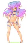  1boy androgynous bikini bulge crossdressing dry6 erection erection_under_clothes high_heels long_hair male male_focus obata_yayoi open_mouth original pointy_ears purple_hair sketch solo standing swimsuit trap yellow_eyes 