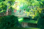  2girls black_hair forest green hat landscape maribel_han scenic shinta_(hmmuk) torii touhou tree usami_renko 