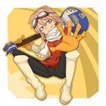  bass_guitar boots flcl full_body gloves goggles grin haruhara_haruko highres instrument matsunome pink_hair scarf short_hair smile solo yellow_eyes 