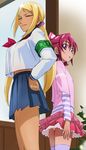  aida_mana back-to-back blonde_hair closed_eyes dokidoki!_precure frilled_skirt frills hand_on_hip haruyama_kazunori height_difference long_hair mamo_(dokidoki!_precure) multiple_girls panties pink_eyes pink_hair precure school_uniform serafuku short_hair size_difference skirt thighhighs underwear white_panties 