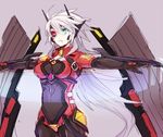  ahoge alpha-01 arm_blade armor black_sclera blazblue bodysuit breasts crotch_plate forehead_protector genderswap genderswap_(mtf) green_eyes heterochromia long_hair medium_breasts mismatched_sclera outstretched_arms ragna_the_bloodedge red_eyes silver_hair spread_arms sword tomo_(tomorag7) weapon 