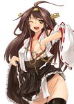  ;d ahoge bare_shoulders blush brown_hair detached_sleeves double_bun hair_ornament hairband headgear japanese_clothes kantai_collection kongou_(kantai_collection) long_hair no_panties nontraditional_miko one_eye_closed open_mouth ribbon-trimmed_sleeves ribbon_trim skirt skirt_lift smile solo thighhighs yasu_(yossy) 