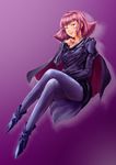  1girl blue_eyes cape curegolgom grin gundam gundam_zz haman_karn panty_hose pantyhose pink_hair purple_legwear short_hair sitting smile solo zeta_gundam 