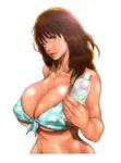  1girl aoihitori bikini bottle breasts brown_eyes brown_hair cleavage dark_skin huge_breasts i&quot;s long_hair solo sweat swimsuit tan yoshizuki_iori 