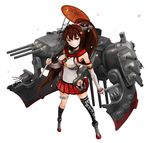  breasts brown_hair hironox kantai_collection large_breasts long_hair looking_at_viewer mecha_musume miniskirt ponytail red_eyes single_thighhigh skirt solo thighhighs weapon yamato_(kantai_collection) 