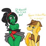  braeburn_(mlp) clothing cowboy_hat cutie_mark duo equine fem_anon female feral friendship_is_magic fur green_body green_eyes hat horse human male mammal minibutts mt my_little_pony nipples plain_background pony skirt text topless yellow_fur young 