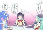  akemi_homura aqua_hair black_hair bracelet choker closed_eyes crossover cure_diamond dokidoki!_precure gan_balance hat head_wings hishikawa_rikka jewelry long_hair mahou_shoujo_madoka_magica mamo_(dokidoki!_precure) multiple_girls ponytail precure school_uniform translated yellow_eyes 