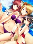  anmiko ayase_eli beach bibi_(love_live!) bikini black_hair blonde_hair blue_eyes cutie_panther day flower girl_sandwich hair_flower hair_ornament long_hair love_live! love_live!_school_idol_project multiple_girls nishikino_maki ponytail purple_eyes red_eyes red_hair rose sandwiched short_hair side-tie_bikini swimsuit twintails yazawa_nico 