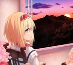  alice_margatroid blonde_hair blue_eyes broom broom_riding capelet chair cloud flower forest hairband kirisame_marisa lolita_hairband looking_at_viewer looking_back mountain multiple_girls nature nogisaka_kushio open_window sitting smile sunset touhou window 