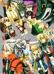  ahoge animal_ears blazblue blonde_hair bodysuit cape eyepatch fujino_sato gii green_eyes green_hair hazama heterochromia highres jin_kisaragi lambda-11 makoto_nanaya mask mecha_musume multiple_boys multiple_girls nago noel_vermillion nu-13 platinum_the_trinity rachel_alucard ragna_the_bloodedge red_eyes relius_clover silver_hair squirrel_ears squirrel_tail tail tsubaki_yayoi visor 