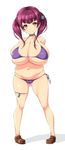  :&gt; arms_behind_back belly bikini breasts brown_eyes dog_tags full_body heart heart-shaped_pupils highres huge_breasts loafers long_hair love_handles navel nekomamire original pigeon-toed plump purple_hair shoes side-tie_bikini simple_background smile solo standing swimsuit symbol-shaped_pupils twintails white_background 