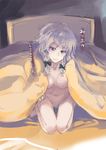  blanket braid breasts izayoi_sakuya looking_at_viewer medium_breasts nipples nude pubic_hair ribbon short_hair silver_hair sinzan smile solo touhou translation_request twin_braids under_covers 