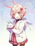  :d animal_ears black_legwear bunny_ears coat fang h2so4 hair_ornament looking_at_viewer mittens open_mouth original pantyhose pink_eyes pink_hair plaid short_hair side_ponytail sketch smile snow_bunny solo 