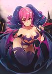  bad_id bad_pixiv_id bare_shoulders breasts cleavage demon_girl demon_horns demon_tail demon_wings horns large_breasts looking_at_viewer nail_polish navel original pink_eyes pink_hair smile solo tail thighhighs wings yamaarashi 