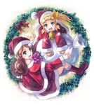  bell blonde_hair boots bow brown_hair eureka_(pokemon) gloves green_eyes hair_bow hat jingle_bell long_hair multiple_girls pokemon pokemon_(anime) pokemon_xy_(anime) sack santa_costume santa_hat serena_(pokemon) yakka 