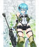  anti-materiel_rifle blue_eyes blue_hair fingerless_gloves gloves gun highres makie_fujiyuki pgm_hecate_ii rifle scarf short_hair short_shorts shorts sinon sniper_rifle sword_art_online weapon 