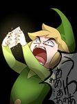  black_background blonde_hair commentary constricted_pupils hat holding link male_focus open_mouth pointy_ears rupee shouting simple_background solo speech_bubble the_legend_of_zelda the_legend_of_zelda:_the_wind_waker toon_link translated tunic wasabi_(legemd) 